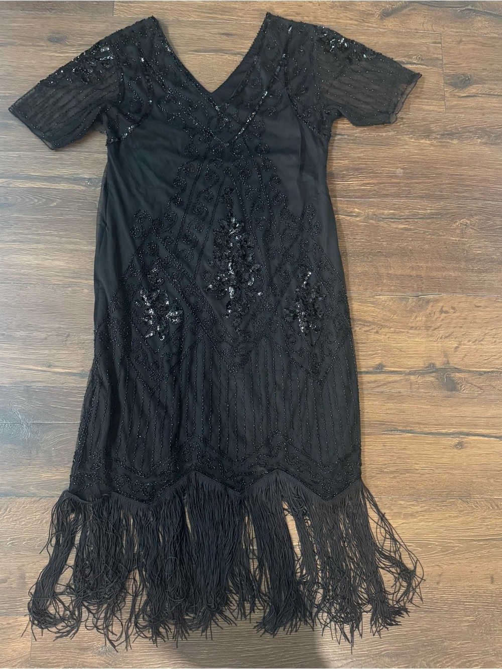 Elegant Black Beaded Fringe V-Neck Dress